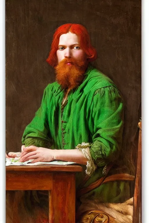 Image similar to intricate beautiful medium - shot, the card player man with short reddish beard, blonde reddish hair, in green clothes of 1 7 th century, matte painting, renaissance painting, by paul sezanne by leyendecker, by artgerm, rutkowskyi