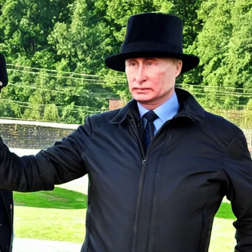 Image similar to putin wearing a black leather hat, facing the camera, cool looking