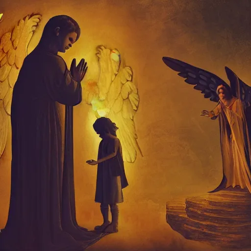 Image similar to angel protecting man who is praying inside a gothic church, dreams style