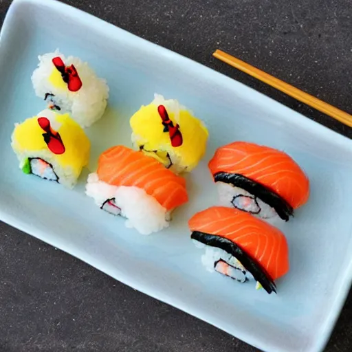 Prompt: Sushi made out of chopped pikachus