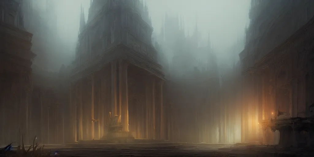 Image similar to Hyper realistic painting depicting temple of an eldrich god, horror, fog, dark fantasy, volumetric lighting, by greg rutkowski, trending on artstation