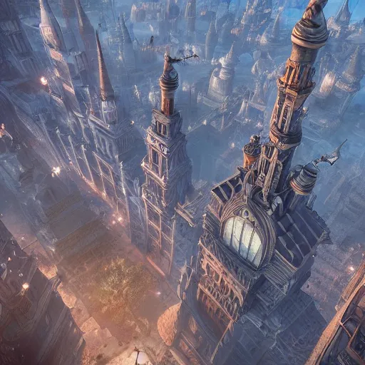 Prompt: high fantasy city, tall towers and flying airship, dreamy magical, ultrarealistic, intricate detail, finely detailed, small details, extra detail, high resolution, volumetric lighting, octane render, 8 k