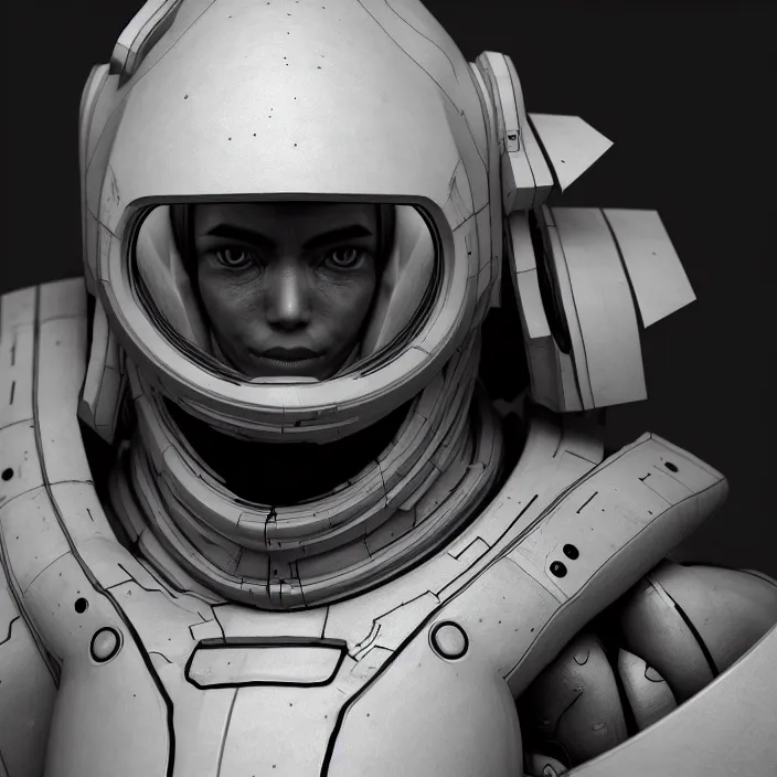 Image similar to a portrait of a character in an spaceship by nihei tsutomu, black and white, modern clean white armor, highly detailed, 3 d render, vray, octane, realistic lighting