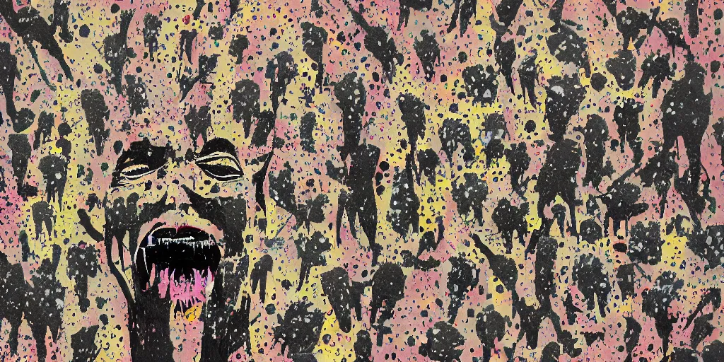 Image similar to camo made of teeth, smiling, abstract, francis bacon artwork, fortnite, cryptic, dots, stipple, lines, splotch, color tearing, pitch bending, faceless people, dark, ominious, eerie, minimal, points, technical, old painting