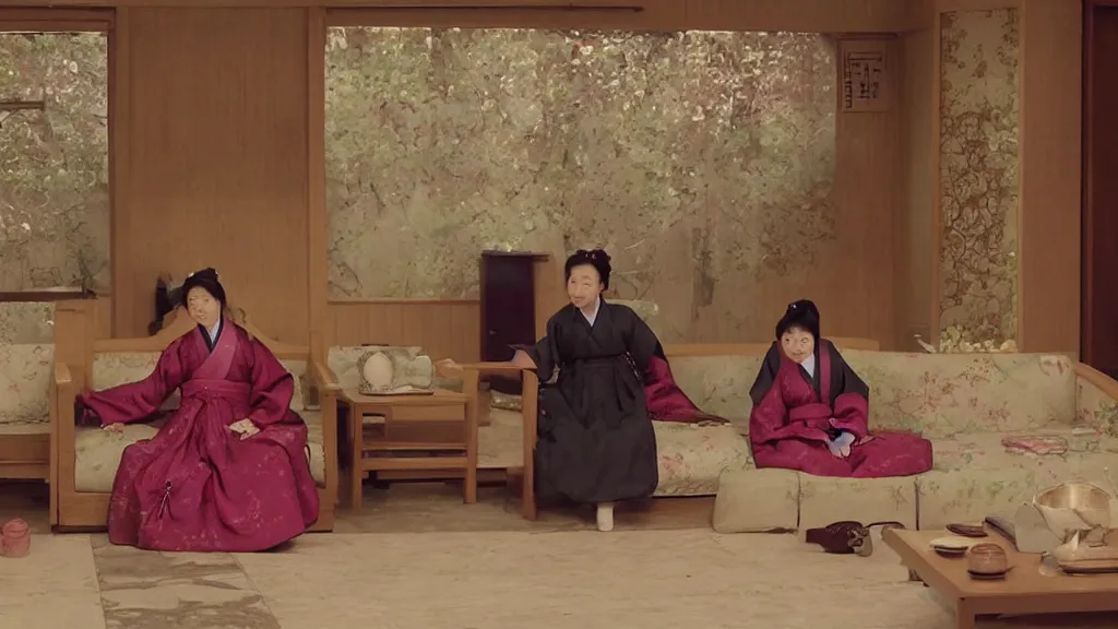 Image similar to woman in hanbok sitting on a couch, starfish monster's shadow is seen behind her, korean interior, cinematography by denis villeneuve and akira kurosawa and ishiro honda