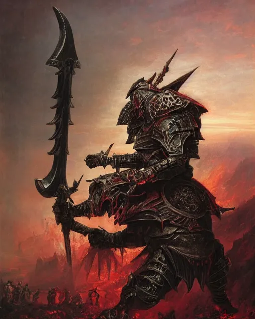 Prompt: a heavily armoured warhammer chaos warrior, by Thomas Cole and Wayne Barlowe