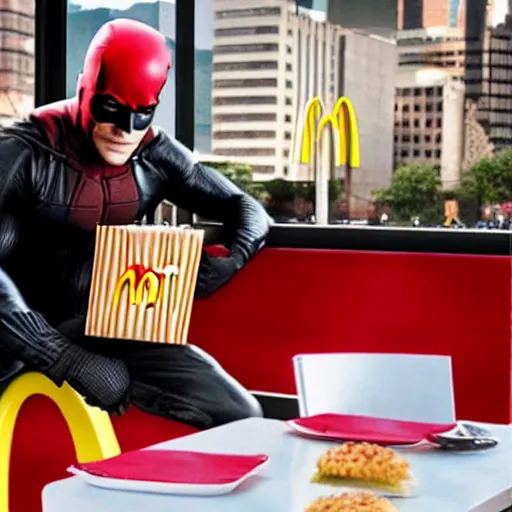 Prompt: daredevil eating mcdonalds