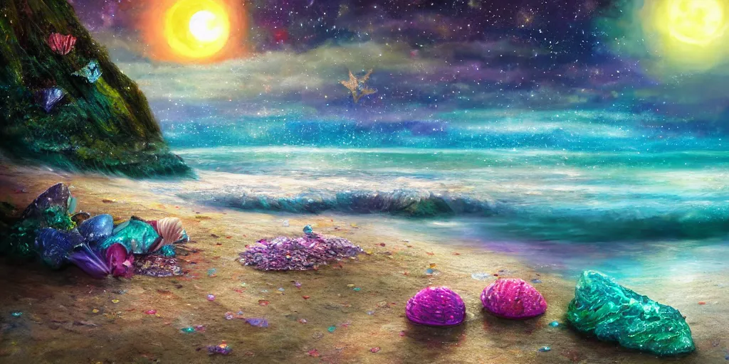 Prompt: a single glittering fairy beach cove at night full of crystals and magical glowing sea shells along the shore, a full moon, water and colorful flowers, extremely detailed oil painting, unreal 5 render, fantasy digital art, octane render, beautiful composition, trending on artstation, award-winning photograph, masterpiece