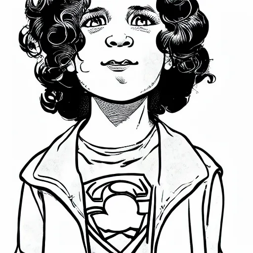 Image similar to clean simple line art of a little girl with short wavy curly hair. she is a superhero, wearing a superhero costume. white background. well composed, clean black and white line drawing, beautiful detailed face. illustration by charlie adlard and steve ditko