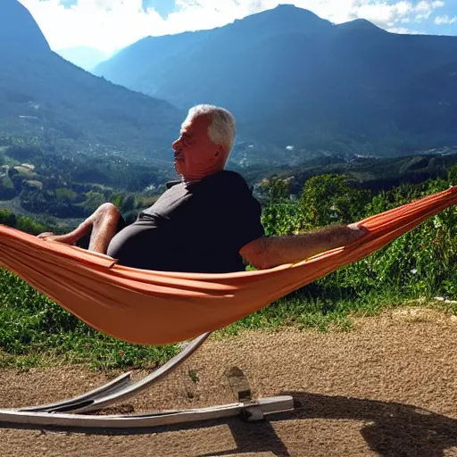 Prompt: my older italian wise friend on a hammock, reading new book, gravity is strong, he is very relaxed, muscular legs, mountains in a background