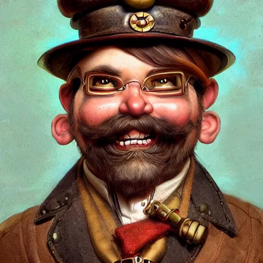 Image similar to 1800's vintage portrait of a grinning steampunk male gnome with big red nose, highly detailed, digital painting, art by Stanley Lau and Artgerm and magali villeneuve and Alphonse Mucha, artstation, octane render, cgsociety