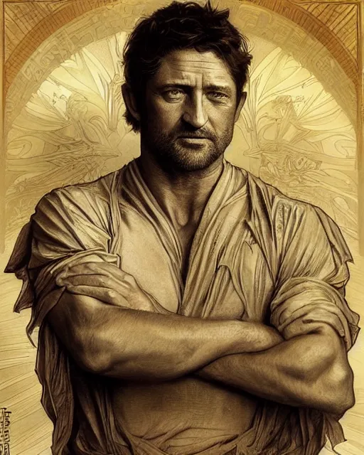 Image similar to amazing lifelike award winning pencil illustration of Gerard Butler trending on art station artgerm Greg rutkowski alphonse mucha j.c. Leyendecker cinematic, centered in frame