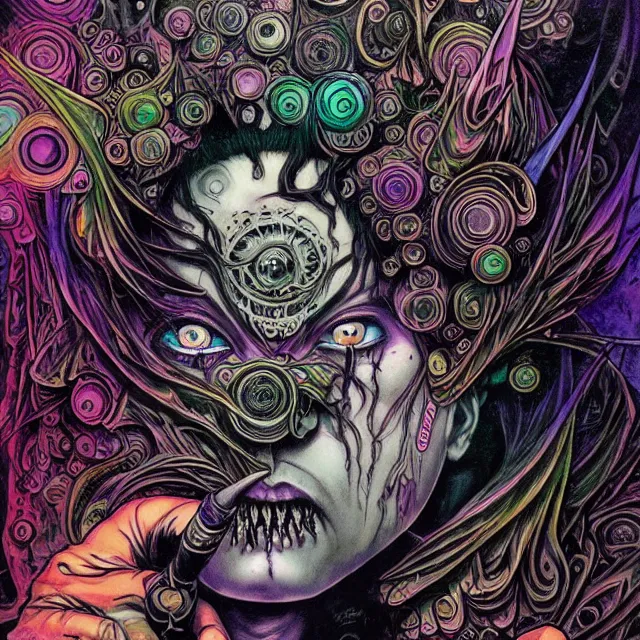 Prompt: fine detail, black ink & copic markers, vibrant muted colors, disturbing grunge still of a [ lovecraftian demon infested ] [ d 2 0 ], [ mystic, shamanic and psychedelic lsd trippy dreamy art ], by arthur adams, by tom bagshaw, by henry asencio, by kikuchi hideyuki