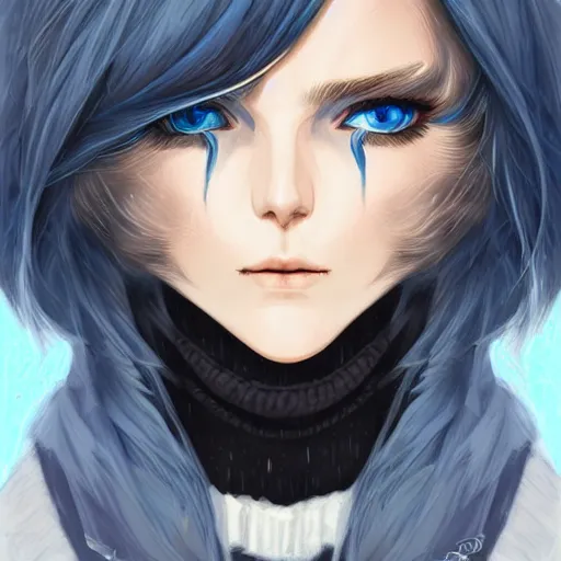 Prompt: cryomancer, flowing white hair, blue eyes, parka, androgynous, beautiful, detailed symmetrical close - up portrait, intricate complexity, in the style of artgerm and ilya kuvshinov, cel - shaded