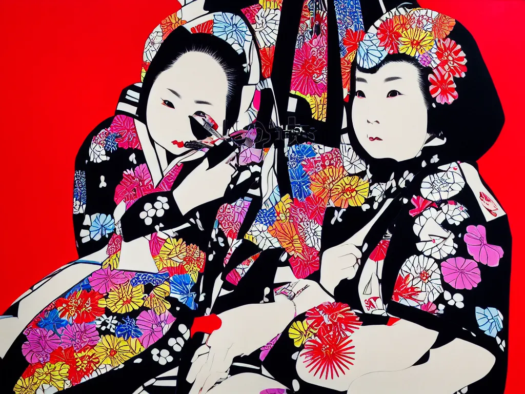 Image similar to hyperrealism composition of the detailed woman in a japanese kimono sitting at an extremely detailed poker table with darth vader, fireworks and folding screen on the background, pop - art style, jacky tsai style, andy warhol style, acrylic on canvas