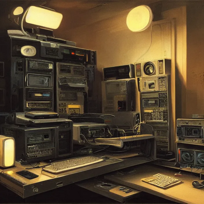 Image similar to still life painting of a retro electronics supercomputer workstation by pieter claesz, oil on canvas, blade runner vibes, syd mead concept art, strong lighting, highly detailed, hyper realism, golden hour, god rays, hd, 4 k