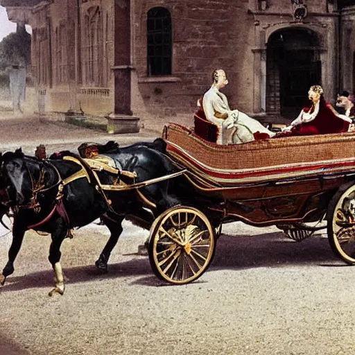 Image similar to lady catherine de bourgh from pride and prejudice drives her barouche box pulled by two horses on the formula 1 circuit of le mans. she is surrounded by cars with models like ferrari, lamborghini or porsche. cinematic, technicolor, highly intricate