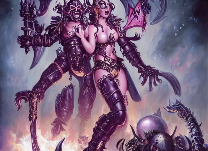 Image similar to Cute Slaanesh demonette trying to call a loyal space marine to the chaos side, art by Mark Simonetti and Gil Elvgren, Warhammer 40000 illustration