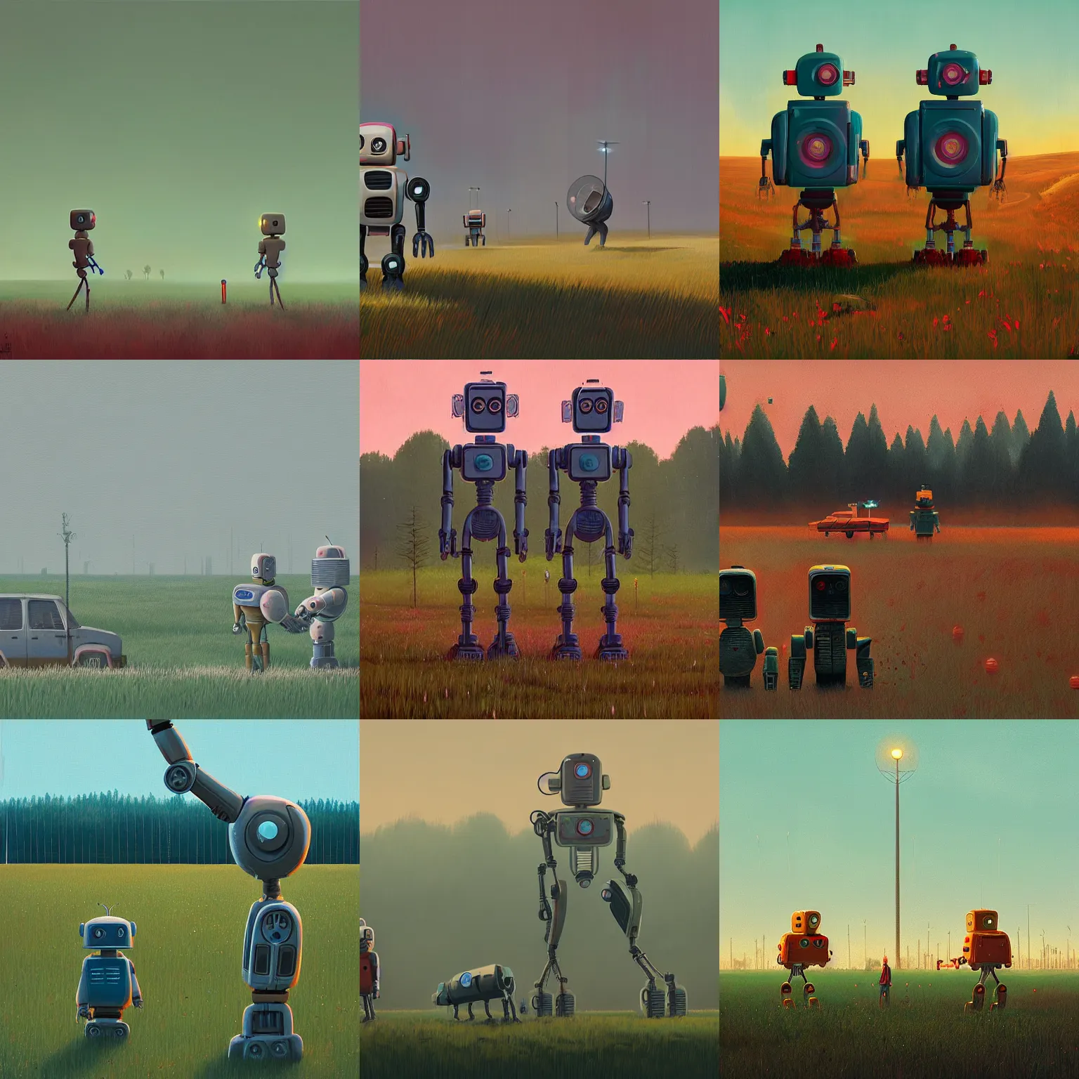 Prompt: two robot on the field by simon stalenhag