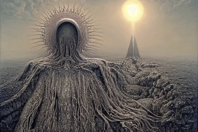 Image similar to The queen of the sun by Zdzislaw Beksinski, Jeffrey Smith and H.R. Giger, oil on canvas, 8k highly professionally detailed, trending on artstation