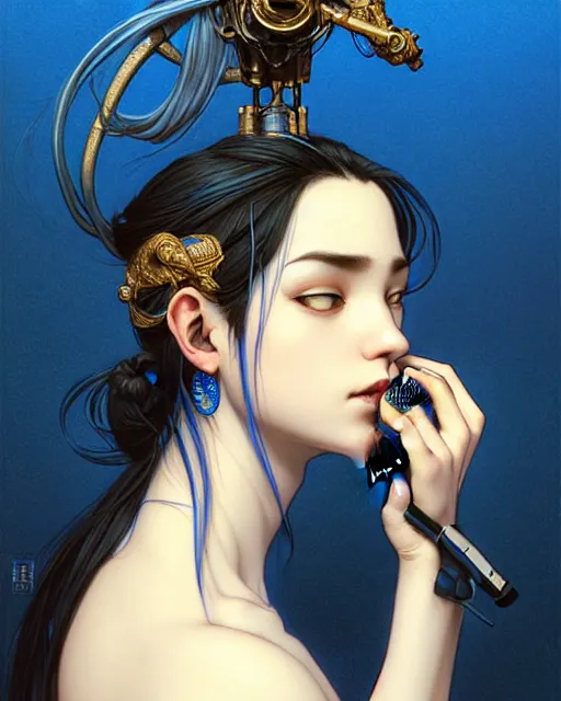 Image similar to portrait of a blue no gender djinn with a microphone, genshin impact, fantasy magic, dark light night, intricate, elegant, sharp focus, illustration, highly detailed, concept art, matte, art by wlop and artgerm and greg rutkowski and alphonse mucha and kidmo, anime, trending on artstation