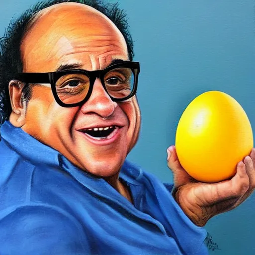 Image similar to a painting of danny devito holding an egg