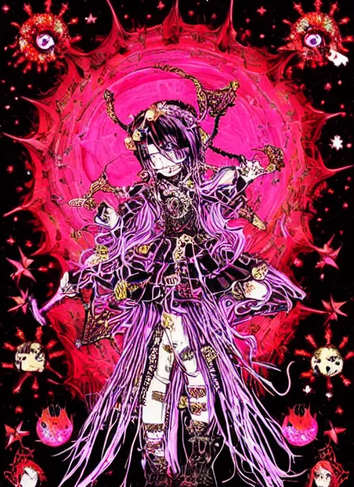 Prompt: spiked bloodmoon sigil stars draincore, goregrind album cover, baroque bedazzled gothic royalty frames surrounding a hellfire hexed witchcore aesthetic, dark vhs broken hearts, neon glyphs spiked pixelsort fairy kei decora doll by guro manga artist Shintaro Kago