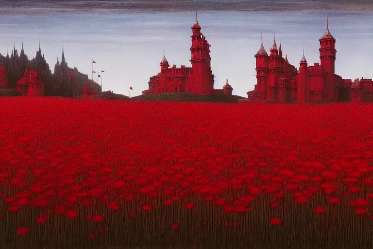 Image similar to only with red, red flowers of different types, red castle in background, red medieval goblins, in the style of beksinski, parts by edward hopper, parts by rodcenko, parts by yue minjun, intricate and epic composition, red by caravaggio, insanely quality, highly detailed, masterpiece, red light, artstation, 4 k