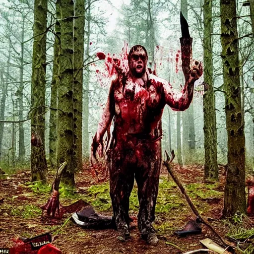 Prompt: big butcher man posing scarily, scary angry pose, covered in blood, fresh kill, cleaver, earie setting, in a forest, horror, hyperdetailed