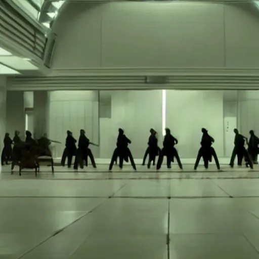 Image similar to a cinematic frame of a large dojo, night time, shot by roger deakins, dimly lit, low ceilings, beautiful futuristic architecture, chris nolan movie