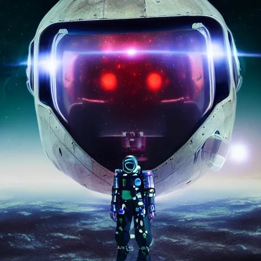 Prompt: front-facing portrait of a mecha astronaut on a distant planet with a broken air ship, cinematic lighting, epic