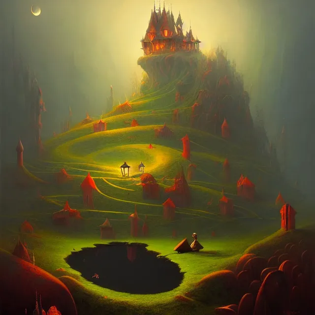 Image similar to a beautiful dark acrylic painting of a dark fantasy land by Raja Ravi Varma and Gediminas Pranckevicius, trending on ArtStation.