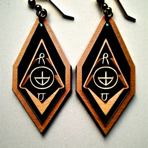 Image similar to 2 d wood lasercut earrings, mystical symbols, 8 k, hd, trending on amazon on artstation, trending on deviantart, trending on etsy, epic digital art