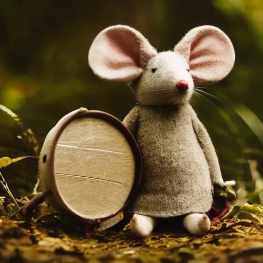 Prompt: mouse holding a drum, sitting in the forrest, medieval portrait, close up, smooth, golden hour