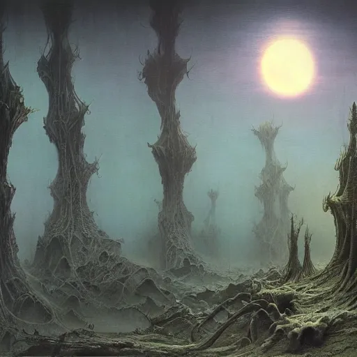 Image similar to a beautiful and ominous matte painting of an exotic alien planet with strange carnivorous plants, twisted bony trees, crashed spaceship submerged in fog beneath the setting sun by karol bak and beksinski and wayne barlowe, exquisite detail, post processing, sharp focus, deep colors