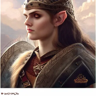 Image similar to Portrait elven viking girl warrior lady viking valkyrie, alexandra daddario, 4k oil on linen by wlop, artgerm, andrei riabovitchev, nuri iyem, james gurney, james jean, greg rutkowski, highly detailed, soft lighting 8k resolution