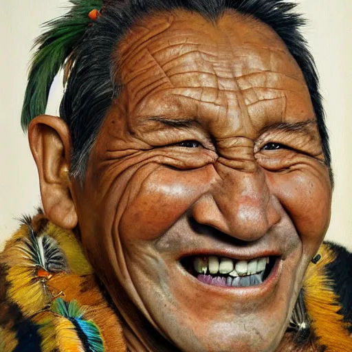 Prompt: high quality high detail painting by lucian freud, hd, portrait of a indigenous tribe leader laughing, photorealistic lighting