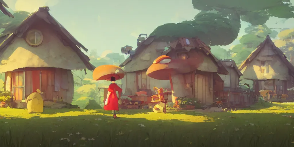 Image similar to mushroom houses by cory loftis & akihiko yoshida & james gilleard & atey ghailan & makoto shinkai & goro fujita & studio ghibli, rim light, exquisite lighting, clear focus, very coherent, plain background, soft painting, photorealistic, unreal engine 5, 4 k