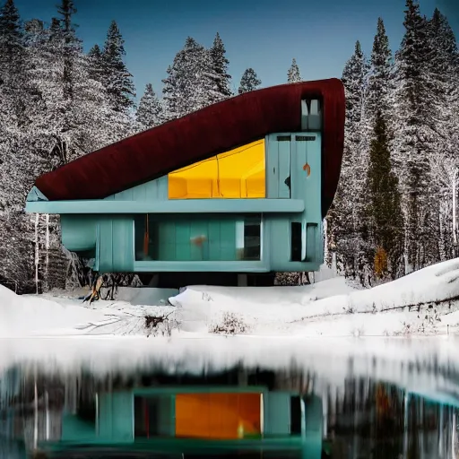 Prompt: wes anderson style modern futuristic house near the lake, snowy mountains and green forest, cinematic, realism, photo, detailed