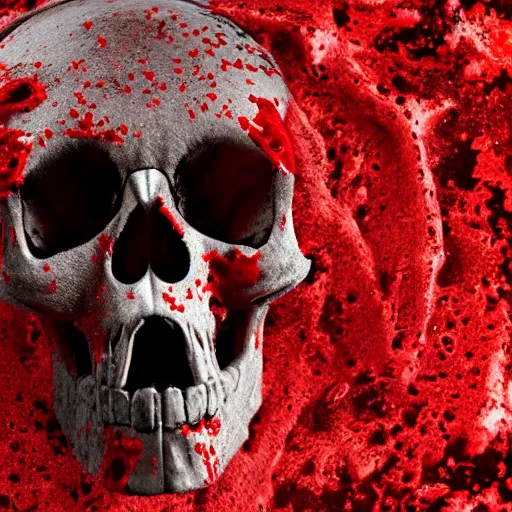 Image similar to skull in a pool of blood with blood splatter on the skull