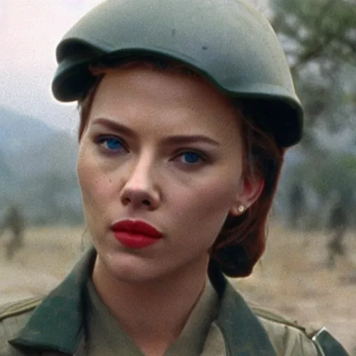 Prompt: scarlett johanson as a soldier in vietnam, film still, kodak, blue tint