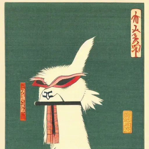 Image similar to japanese color woodblock print of a llama wearing a noh mask.