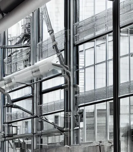 Prompt: photo of a power plant with a huge window opening, industrial design, extreme muscles