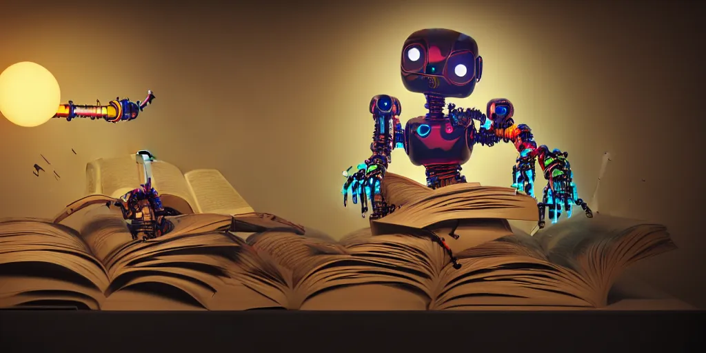 Image similar to A frightening multi armed evil robot devouring books with pipes and tubes and pages floating down, hyperealistic very colourful hdr cinematic lighting cgi render photorealistic cinematic octane render