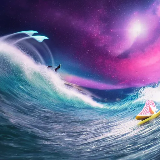 Image similar to photo of a beagle surfing a surfboard on a crashing l wave of alien ocean in space, background is an alien galaxy, aliens in the background, alien colors, octane render, unreal engine, wide view, 8 k, high detaild