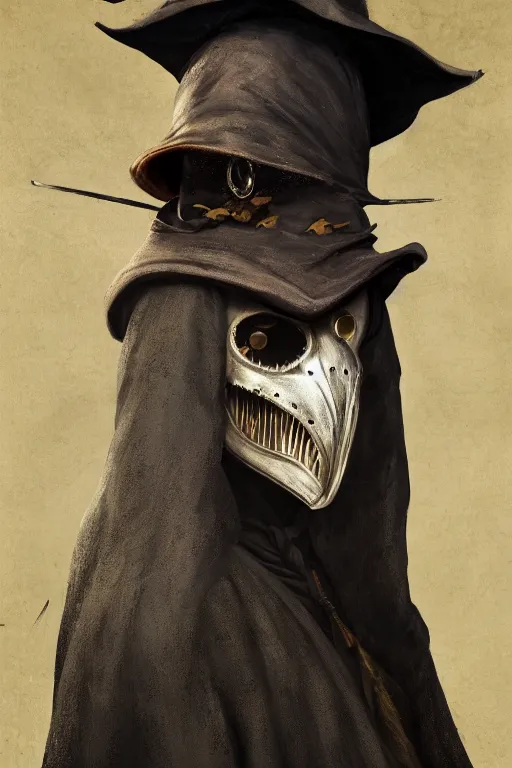 Image similar to A fancy portrait of a Plague Doctor by Greg Rutkowski, Sung Choi, Mitchell Mohrhauser, Maciej Kuciara, Johnson Ting, Maxim Verehin, Peter Konig, Bloodborne, 8k photorealistic, cinematic lighting, HD, high details, dramatic, dark atmosphere, trending on artstation