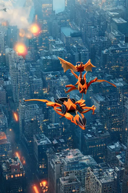 Image similar to charizard flying above new york, cybertronian, long shot, cinematography by wes anderson, 4 k octane render, intricate detail, photorealistic, cinematic lighting, artstation