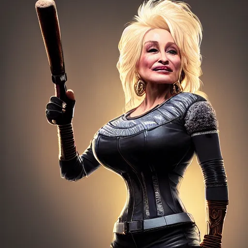 Prompt: closeup of Dolly Parton holding a baseball bat, cyberpunk 2077, intricate, elegant, highly detailed, digital painting, artstation, concept art, matte, sharp focus, illustration, hearthstone, art by Artgerm and Greg Rutkowski and Alphonse Mucha