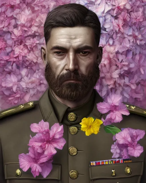 Image similar to a beautiful portrait photo of a military general man, looking angry, covered by hibiscus, daffodils, hydrangea, montsera leaves by tom bagshaw and zach sutton, very detailed, artstation, 8 k