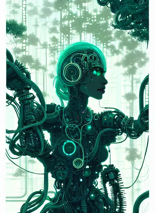 Image similar to highly detailed portrait of a biopunk cyborg long curly white hair tribal lady, stray wiring by atey ghailan, james gilleard, by joe fenton, by greg rutkowski, by greg tocchini, by kaethe butcher, 4 k resolution, gradient green, black and white color scheme!!! ( ( forested robotic dense jungle background ) )